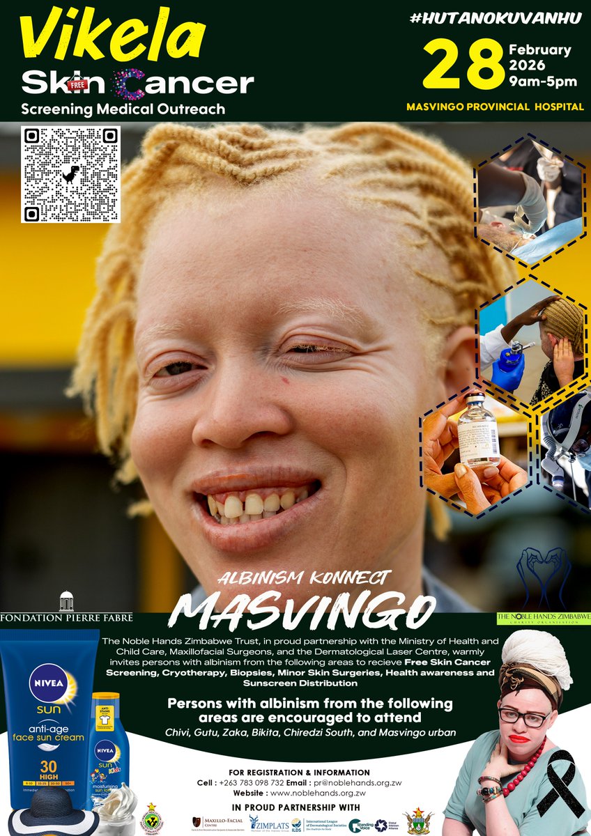 The_Tonga_Queen's tweet image. Rino igore rekungangura skin cancer which has  unabatedly claiming lives of persons with albinism in Zimbabwe needlessly.
✅️ Skin cancer is preventable 
✅️ Skin Cancer is treatable 

Join us, vadikani

If this message displays on your TL dzvanya Repost 🙏