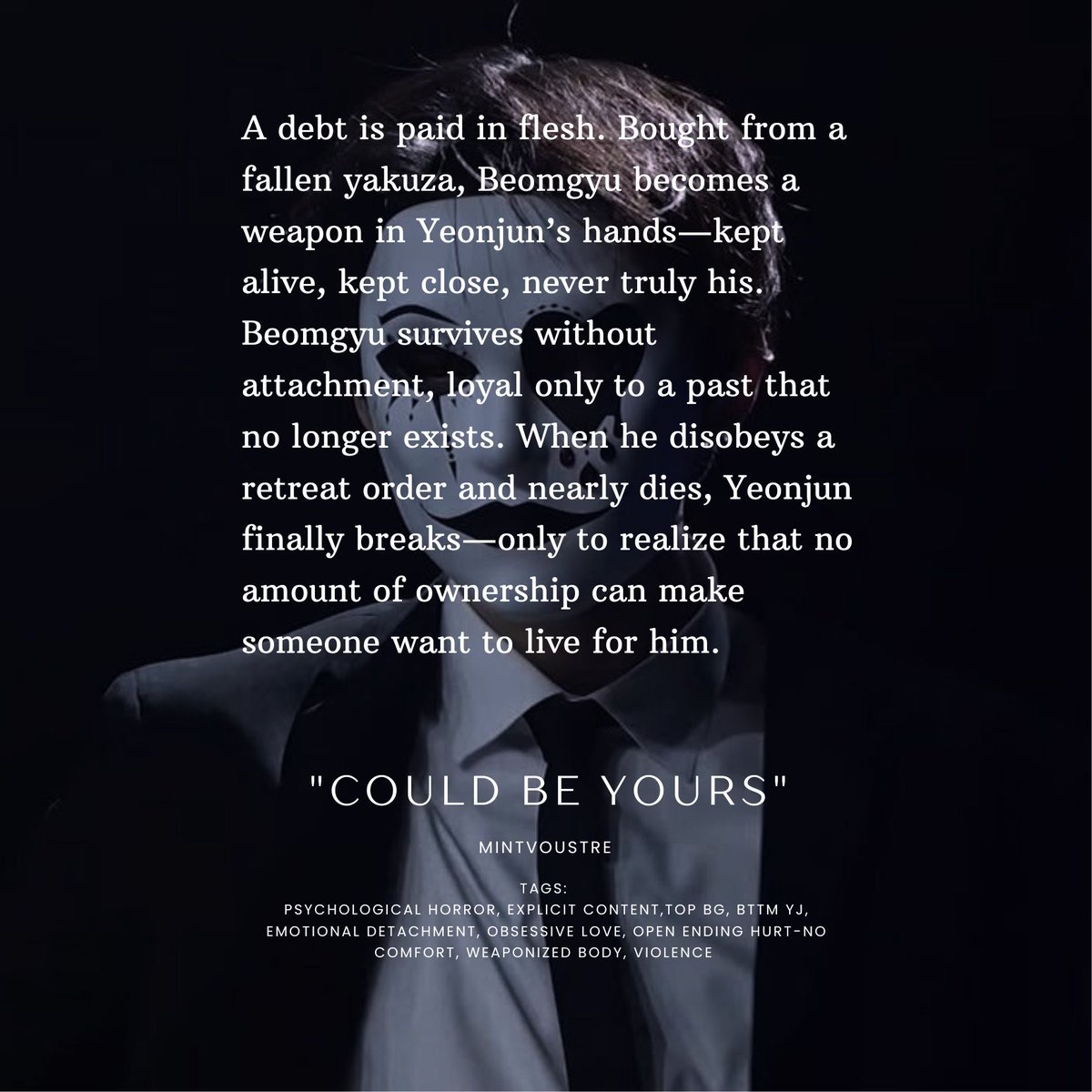 mintbuster's tweet photo. Could Be Yours 🧸🦊 bmjn au 🔞
2.8k words | 1 of ?
https://t.co/xxnjUvAJs6
Mafia YJ x Yakuza BG

Ambiguous Open Ending, Angst, resistance mistaken as obedience,  both sociopaths https://t.co/Hb02OibRef