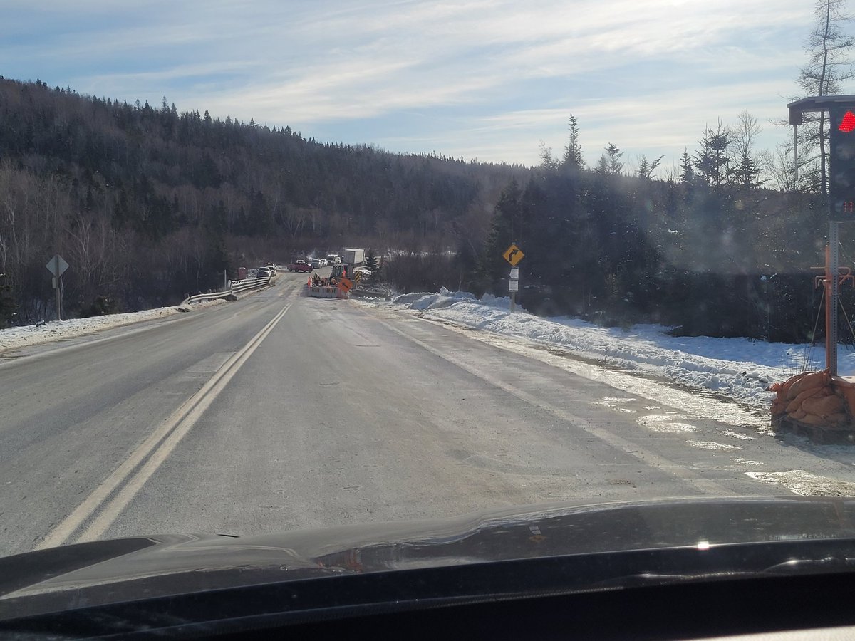 BonyTatten's tweet photo. At the bridge that was damaged near Port Blandford.   Wasn't stopped long at all. Repairs are underway!!  #nltraffic @590VOCM @VOCMOpenline https://t.co/K1nUQH2JtD