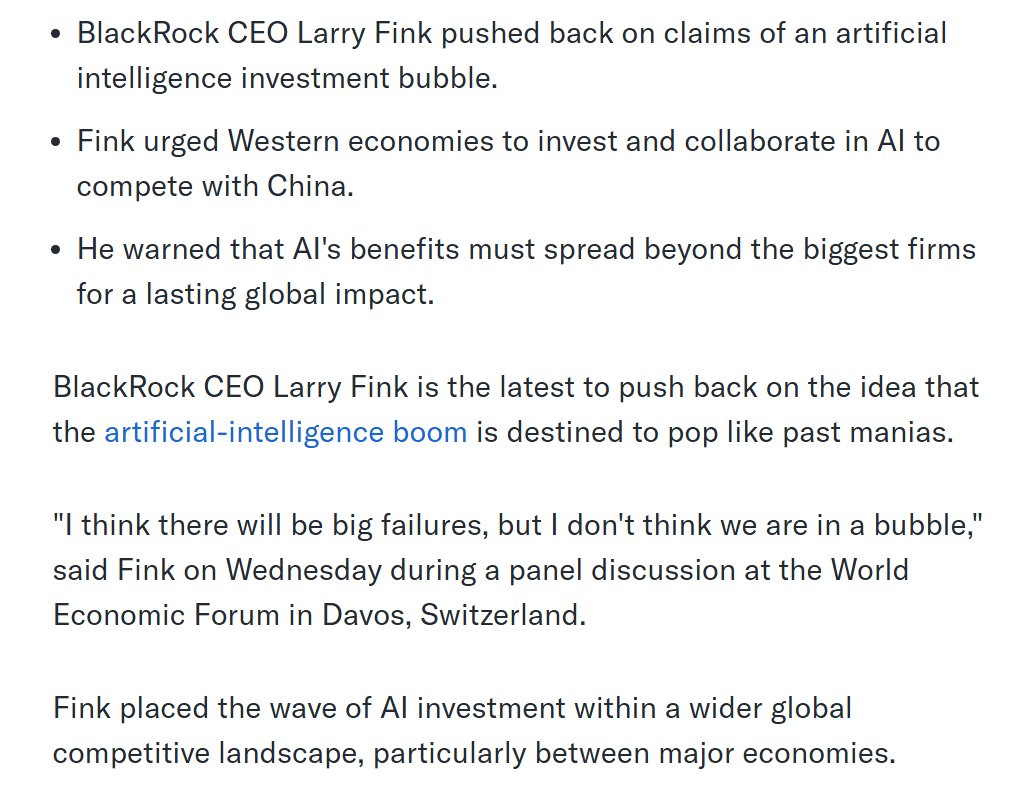 BTC速報：ダボス会議にてビットコインETFとイーサリアムETF最大手で知られるブラックロックのCEO、Larry FinkはAIバブルを否定。  これは~2000年のドットコムバブルと2017-2018年の仮想通貨バブルは本質的に同じ構造を持っていたが、現状のChatGPTやGeminiなどは全く異なる  ...