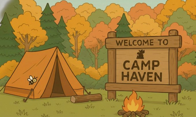 02nannux's tweet photo. I found this spot while browsing through the Camp Haven visuals, and it instantly felt calm and familiar.  The quiet tent, the warm fire, and the forest around it made me slow down for a moment. 

I chose this spot because it captures that feeling of safety.

@DataHaven_xyz https://t.co/t45yCBn6Ao