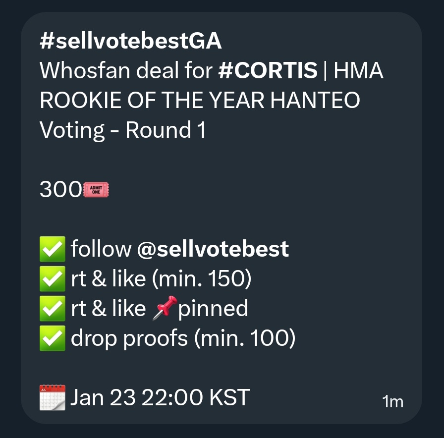 cortispolls's tweet image. #sellvotebestGA
Whosfan deal for #CORTIS | HMA ROOKIE OF THE YEAR HANTEO Voting - Round 1

300🎟️

✅ follow @sellvotebest 
✅ rt &amp;amp; like (min. 150)
✅ rt &amp;amp; like 📌pinned
✅ drop proofs (min. 100)

🗓️ Jan 23 22:00 KST
#crtsdeals LET'S GOOOOO !

vote now : whosfan.com/ranking/69688c…