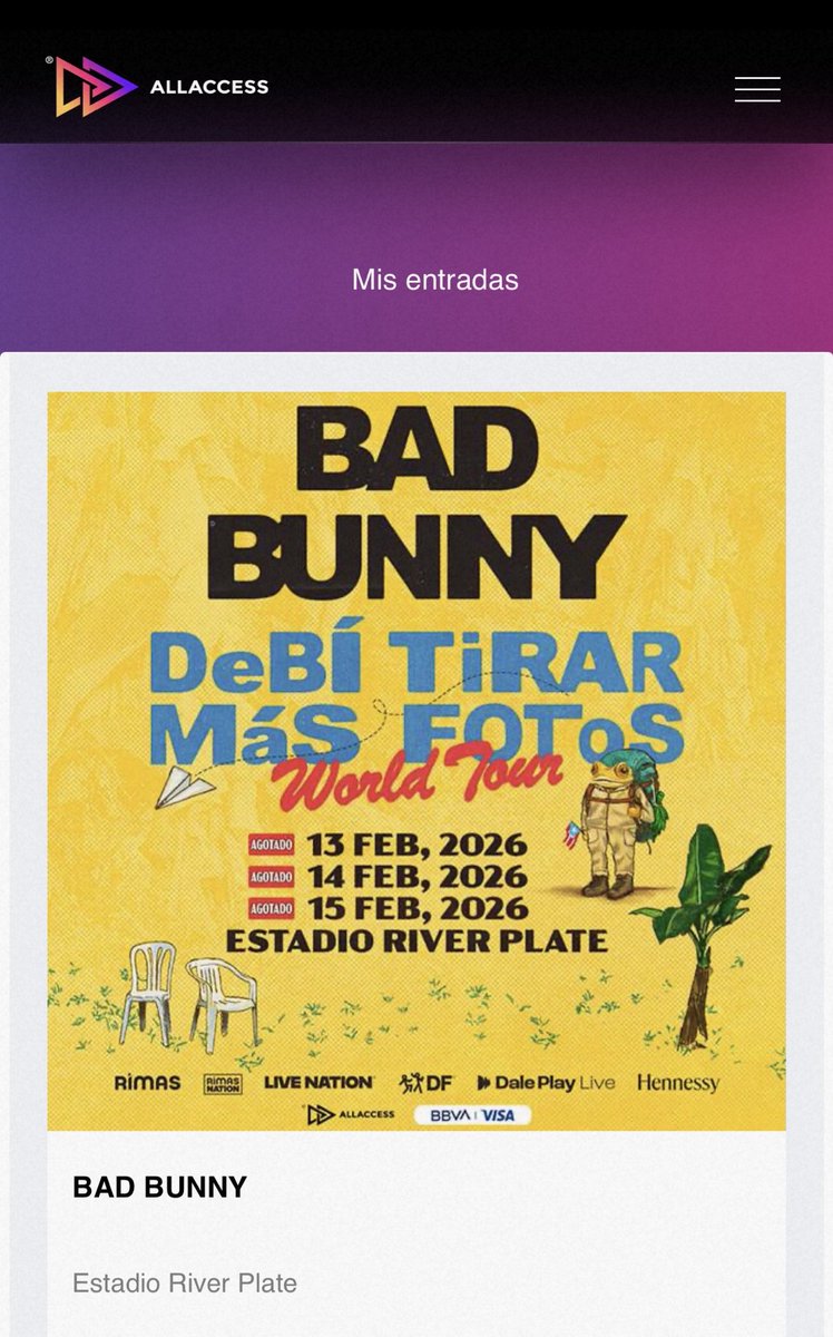Sabrirosssi's tweet photo. Vendo entrada Platea Belgrano Alta 13/2 Bad Bunny!!! https://t.co/ThH1BKsQlJ