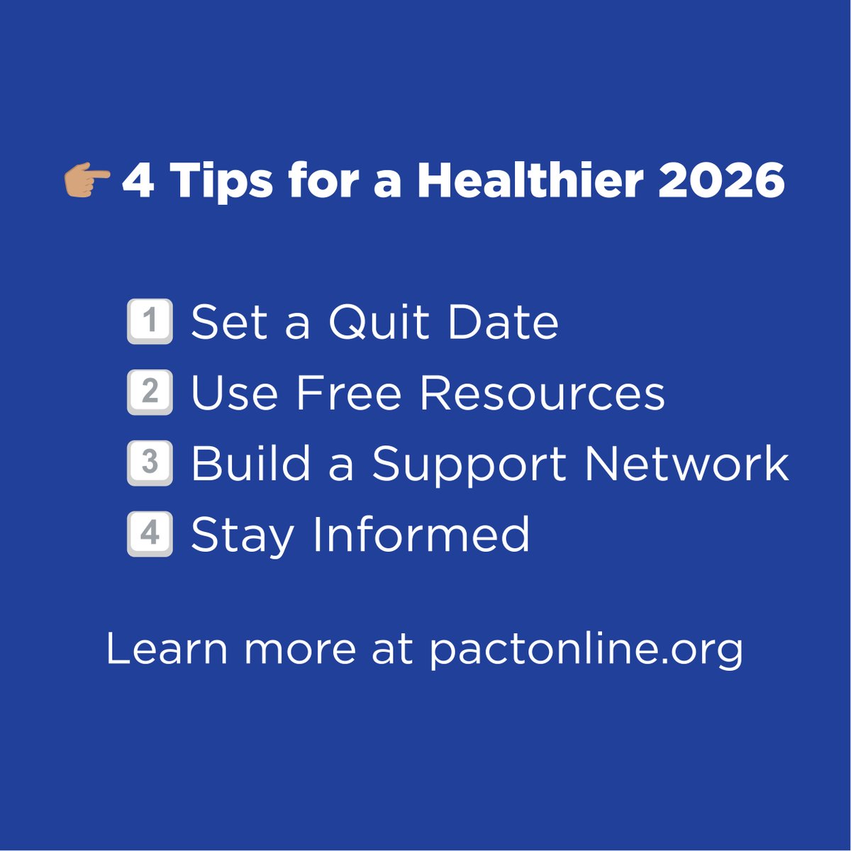 ALAPACT's tweet image. The New Year is a perfect time to prioritize your health and PACT is here to help. Whether you're thinking about quitting tobacco or supporting a loved one who is, use these tips to get started.

#NewYearNewYou #TobaccoFreePA