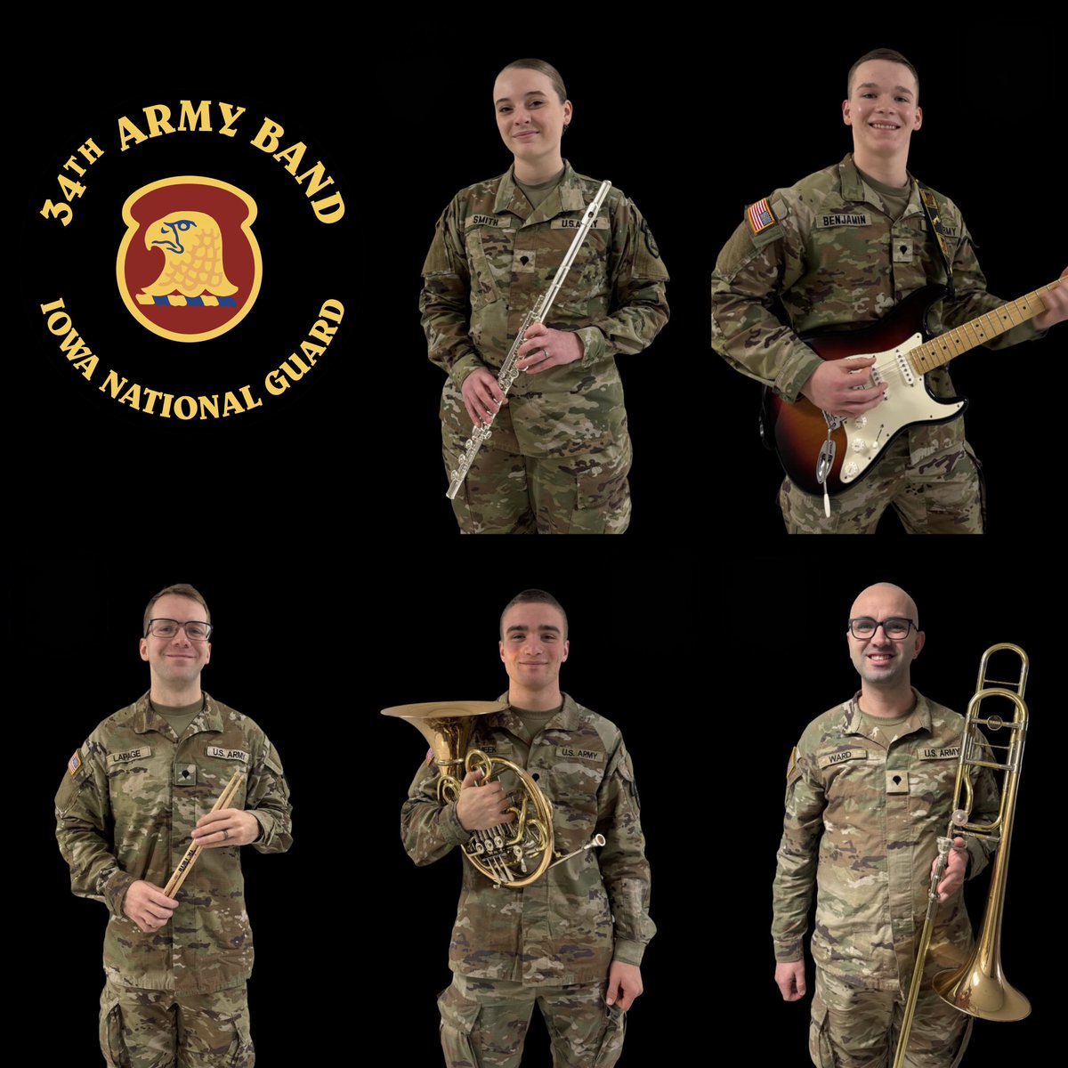 Meet our newest members! These five talented musicians successfully completed Basic Combat Training as well as Advanced Individual Training. 🎉

Welcome to the team, SPC Morgan Smith, SPC Blaine Benjamin, SPC Connor LaPage, SPC Isaiah Meek, and SPC Samuel Ward! 👏

<a href="/IowaNatGuard/">Iowa National Guard</a>