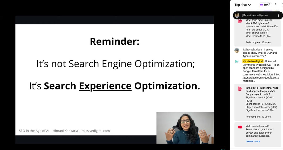 Big Missive takeaway!
SEO success is how well your brand answers, guides and helps.. before the click even happens.
<a href="/himani_kankaria/">Himani Kankaria</a> live on YouTube!

#SEO_IN_THE_AGE_OF_AI