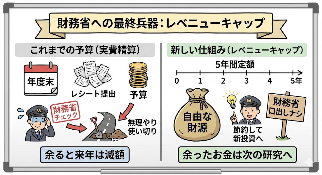 「財務省への最終兵器」の正体、それは【レベニューキャップ】という聞き慣れない仕組みです。

これこそが、日本の「年度末の無駄遣い」を根絶し、財務省の支配を終わらせるカギになります。中学生でもわかるように説明します。

これまでの日本の予算は「実費精算（レシート提出）」方式でした。