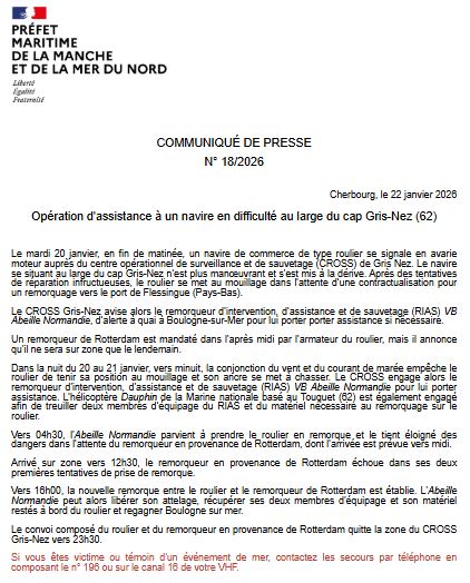 Image de Préfecture maritime Manche et mer du Nord - #Opération d'assistance d'un navire en difficulté au large du cap Gris-Nez (62).  
🛟Coordination CR