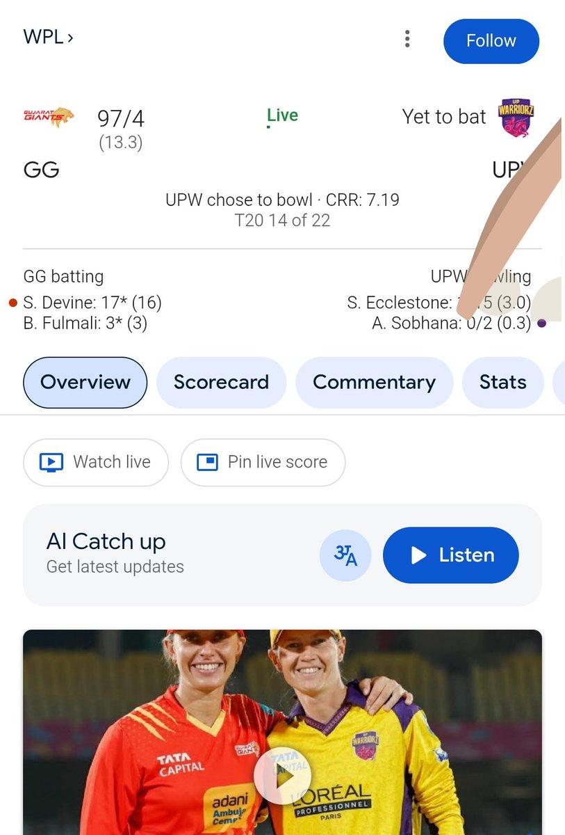 DeepakSana90's tweet photo. After 13.3 overs 97/4.

#الخميس_الونيسᅠ #GGvsUPW https://t.co/d1cMrGl8RI