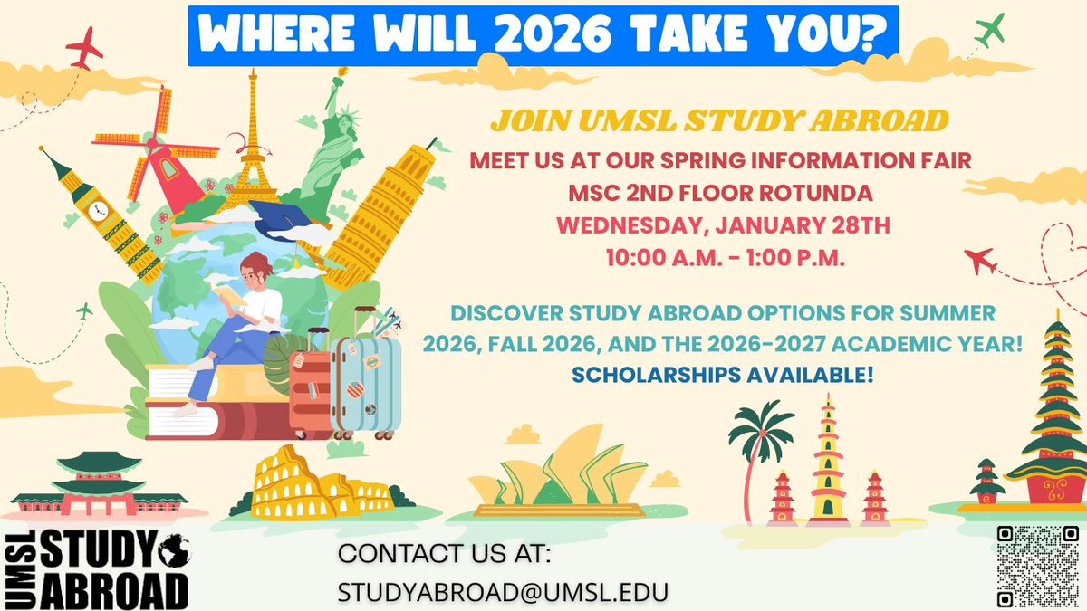 Join UMSL Study Abroad to explore global learning opportunities at the Spring Information Fair on Wednesday, January 28 from 10 a.m.–1 p.m. in the Millennium Student Center! Learn more and RSVP: tritonconnect.umsl.edu/umslglobal/rsv…