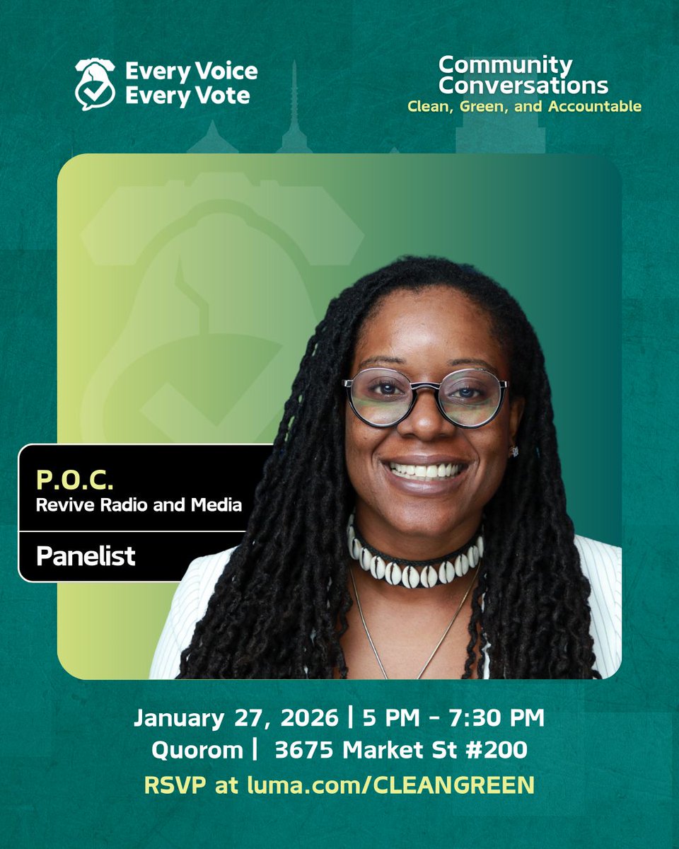 Clean, green, and accountable isn’t just a slogan, it’s a responsibility!
P.O.C. of Revive Radio + Media is honored to join Community Conversations hosted by Every Voice Every Vote to talk sustainability, accountability, and Philadelphia’s future.
🔗 RSVP: lu.ma/cleangreen