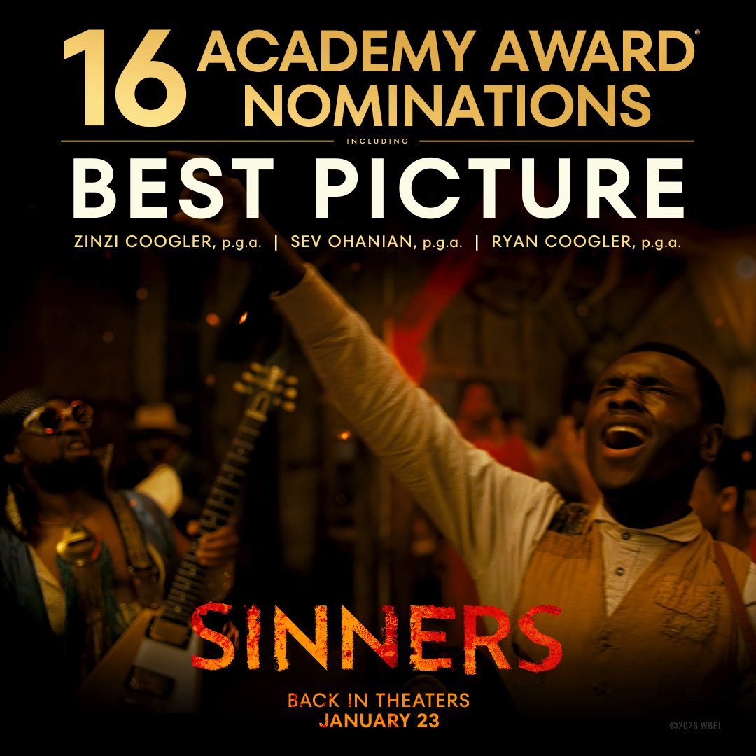 SinnersMovie's tweet image. Thank you to the Academy for recognizing the "Sinners" cast and crew with a record-setting 16 Academy Award® nominations for the 98th Academy Awards!

*Best Picture – Zinzi Coogler, Sev Ohanian, Ryan Coogler
*Best Director – Ryan Coogler
*Best Original Screenplay – Ryan Coogler…