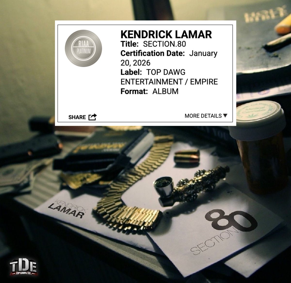 Kurrco's tweet image. Kendrick Lamar's 'Section.80' has been certified RIAA Platinum 💿