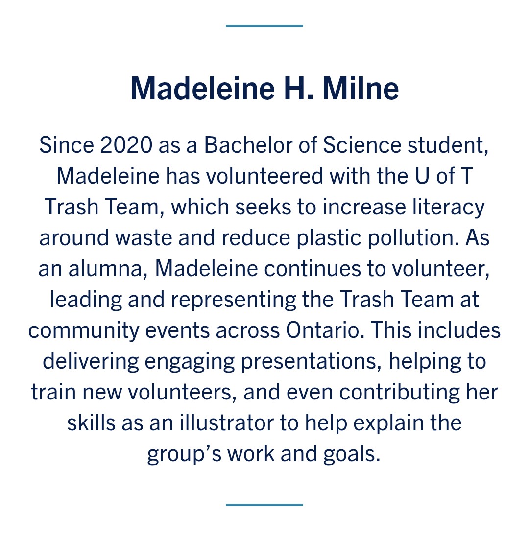UofTTrashTeam's tweet image. 🙌Congrats to @madeleinemilne on her Arbor Award! We had the honour of attending last night's ceremony to celebrate her volunteerism with us &amp;amp; her dedicated efforts to #plasticpollution research and education. It was an incredible night! @UofT @UofTArtSci @eebtoronto #ArborAward