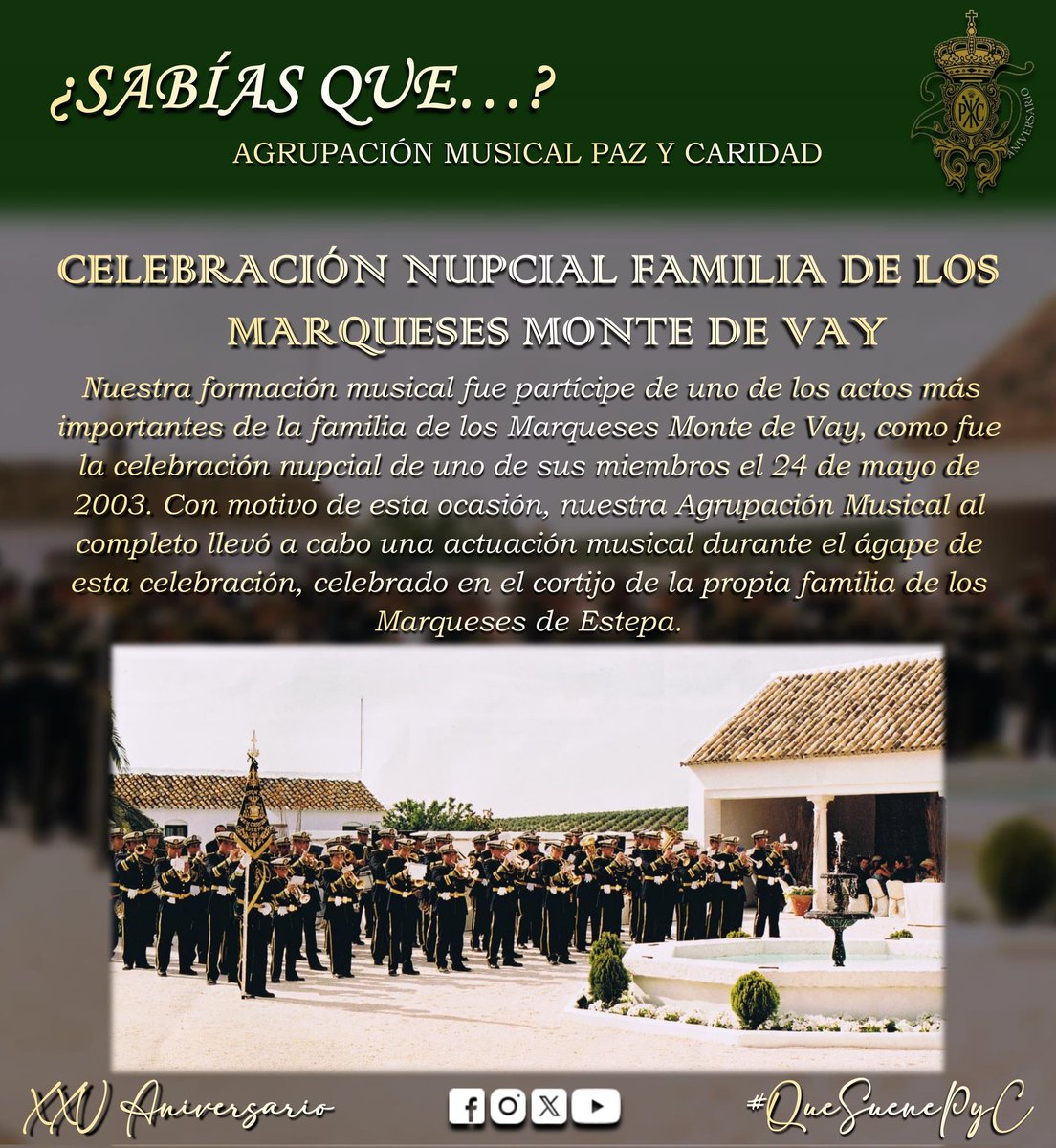 𝐒𝐀𝐁𝐈𝐀𝐒 𝐐𝐔𝐄... | CELEBRACIÓN NUPCIAL FAMILIA DE LOS MARQUESES MONTE DE VAY

#SabíasQue...
#XXVAniversario
#QueSuenePYC💚