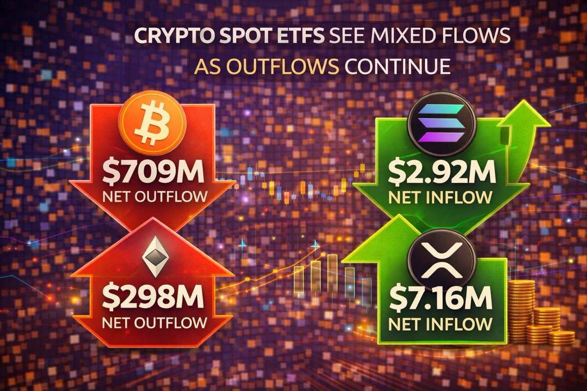 CRYPTO SPOT ETFS SEE MIXED FLOWS AS OUTFLOWS CONTINUE Bitcoin spot ETFs  recorded a total net outflow of $709 million yesterday, marking the third  straight day of net outflows, while Ethereum spot