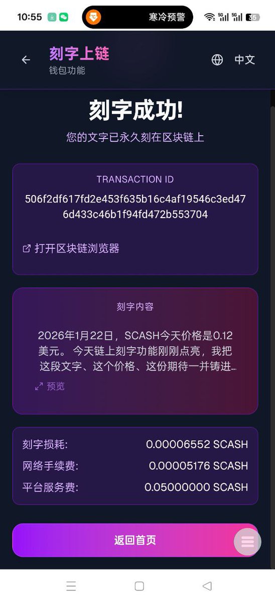 BTC_SCASH's tweet image. 2026年1月22日，#SCASH 今天价格是0.12美元。  
今天链上刻字功能刚刚点亮，我把这段文字、这个价格、这份期待一并铸进时间戳，任它像化石一样留在链里。  十年后，无论SCASH走到一美元、一百美元或是一万美元，或依旧停留在分厘之间，这条记录都会替我回答：…