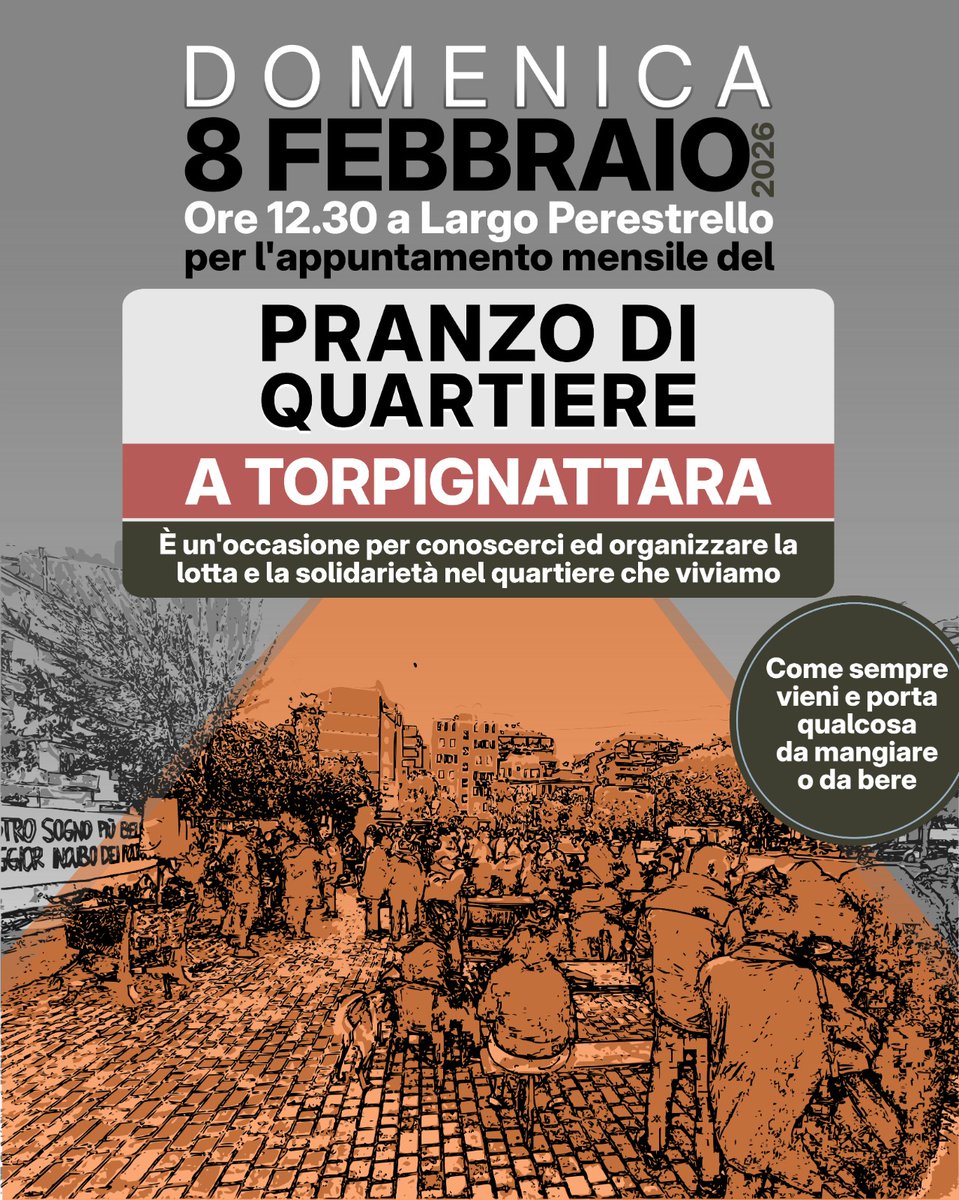 Per chi è a #Roma, torna l'appuntamento del pranzo in quartiere a #Torpignattara, dopo la grande partecipazione al #pranzo di gennaio.
Ci vediamo domenica 8 febbraio per mangiare, chiacchierare, conoscerci, stare insieme senza lasciare nessuna persona indietro.