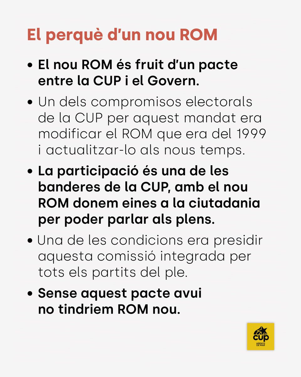 cuparenys's tweet photo. 📣 Ahir es va presentar en Audiència Pública el nou Reglament Orgànic Municipal (ROM).

🗳️ El nou text és el resultat d'un acord entre la CUP i el Govern per donar compliment a un compromís electoral de la CUP

✅ El nou ROM es portarà al ple el mes de febrer

#LaClauElCanvi https://t.co/aCAWctLLIL