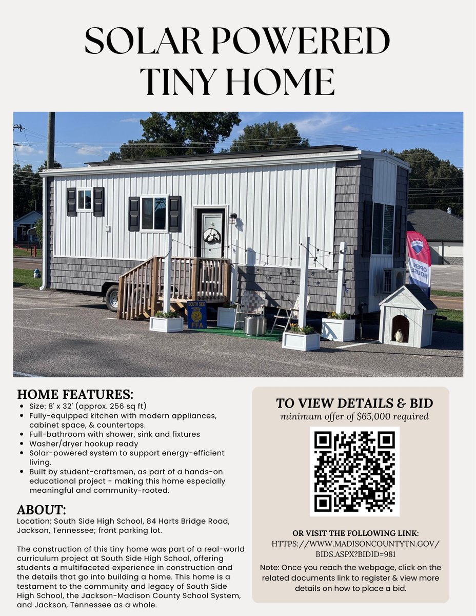 SSHSHawks's tweet image. Looking for a tiny home? We have you covered. This amazing tiny home built entirely by South Side High School students is up for bid. For more information, check out this flyer &amp;amp; and go to the Madison County Finance Department website to bid! #tinyhome #hawknation #ctedepartment