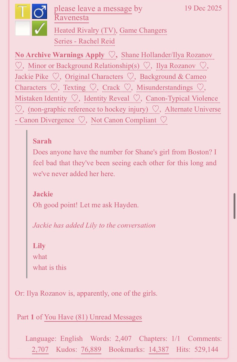 daylightsashley's tweet image. THE WAG ILYA FIC BEING NUMBER 14 ON THE MOST EVER KUDOS FIC OUT OF 16 MILLION FICS ON AO3 IS INSANE. WAG ILYA AGENDA FOREVR!! 

(that’s my best friend go best friend)