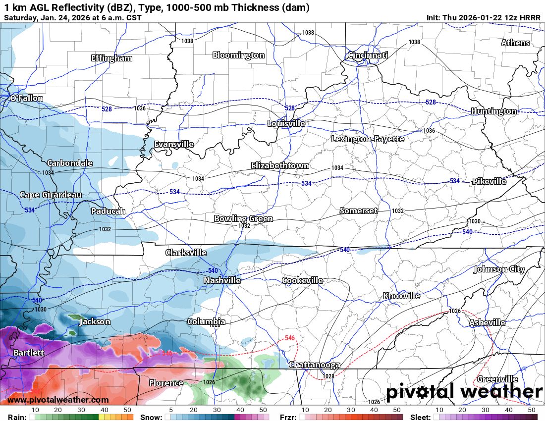 NashSevereWx's tweet image. 🧵A few scenarios based on what we know as of 8:45 am 1/22/26. The HRRR is just now coming in range, at last. It only runs through 6am on Saturday, just as the precip gets here. It thinks it'll be snow initially. Seems reasonable. Every 6 hours today, we'll get 6 more hours of…