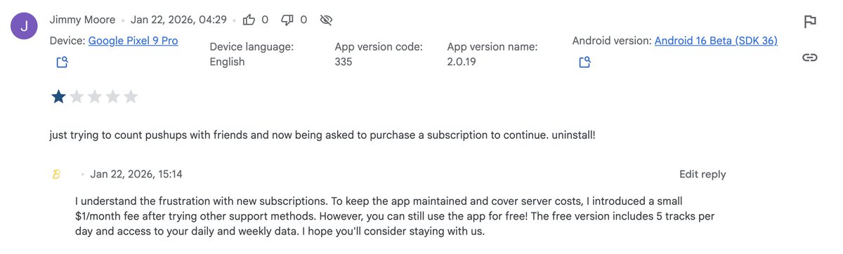 #mobiledev #googleplay it's a bit painful sometimes :) developed the app, kept it free to use, continued to spend the time and asked for reviews from active users, no result during the last half of year. decided to add subscription 1$ per month, got the review. it's done :)