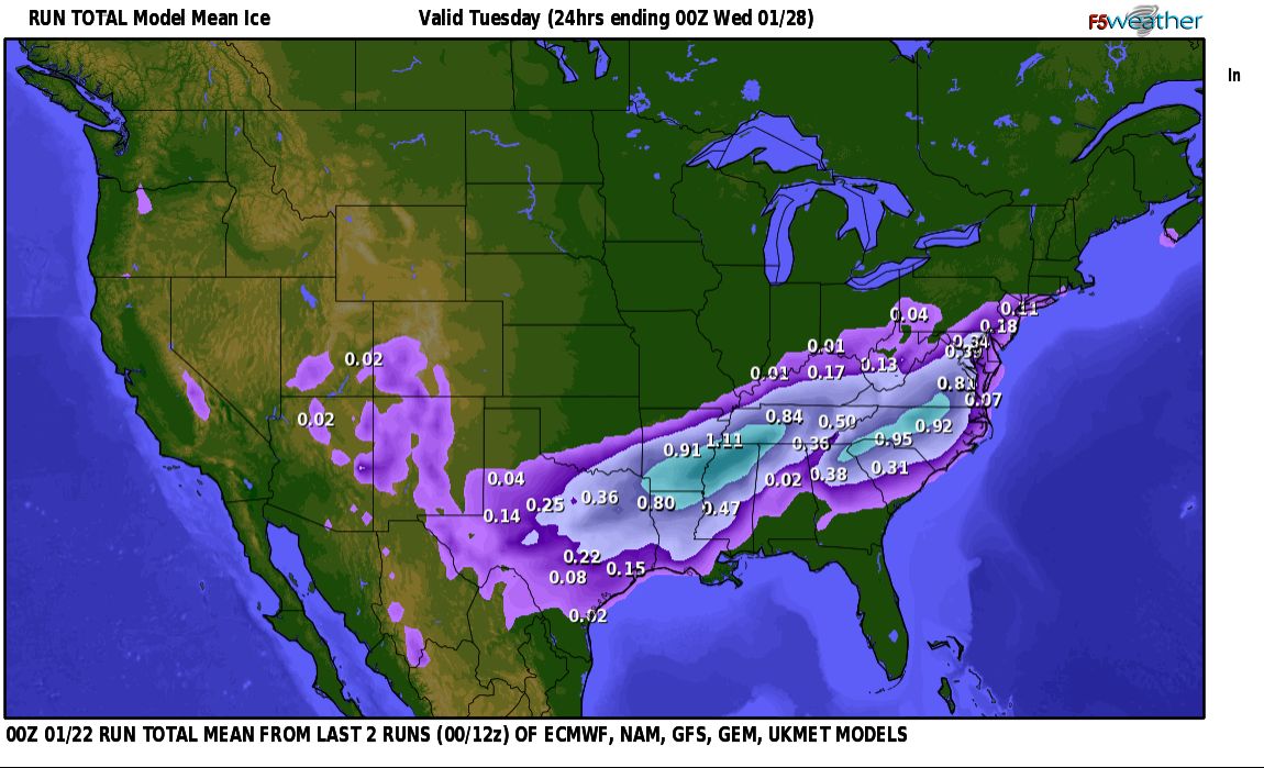 F5Weather's tweet photo. The major winter storm heading to the southern and eastern US this weekend is still on track although guidance has drifted the tracks north a bit. A foot or more of snow is looking likely from Oklahoma to Kansas, and then expanding in coverage across the Mid Atlantic and Northeast. 

These are huge snow amounts, but the bigger story may be the ice storm setting up from Texas to the Carolinas and Virginia. A massive area of heavy icing, with some areas seeing over an inch of ice is possible. This will likely create prolonged power outages as the heavy ice takes down trees and therefore powerlines over a huge area. 

The worst of it right now looks to set up near a line from Arklatex to Nashville, especially across northern Mississippi. Another heavy swath of ice looks to set up from Atlanta to Richmond, VA. But anywhere that sees a quarter inch of ice or more is going to have significant impacts.

Attached are forecast graphics from a 2-run model blend utilizing 5 deterministic models courtesy of https://t.co/NBFeHG1Guo