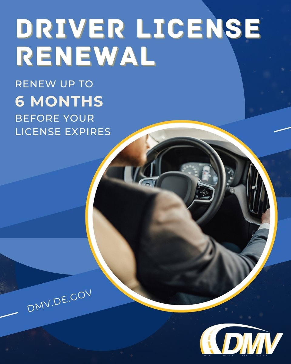 DelawareDMV's tweet image. Renew your driver license up to 6 months before it expires! Stop by DMV or renew online with your myDMV account. 🚙 #StayPrepared #RenewUpTo6Months