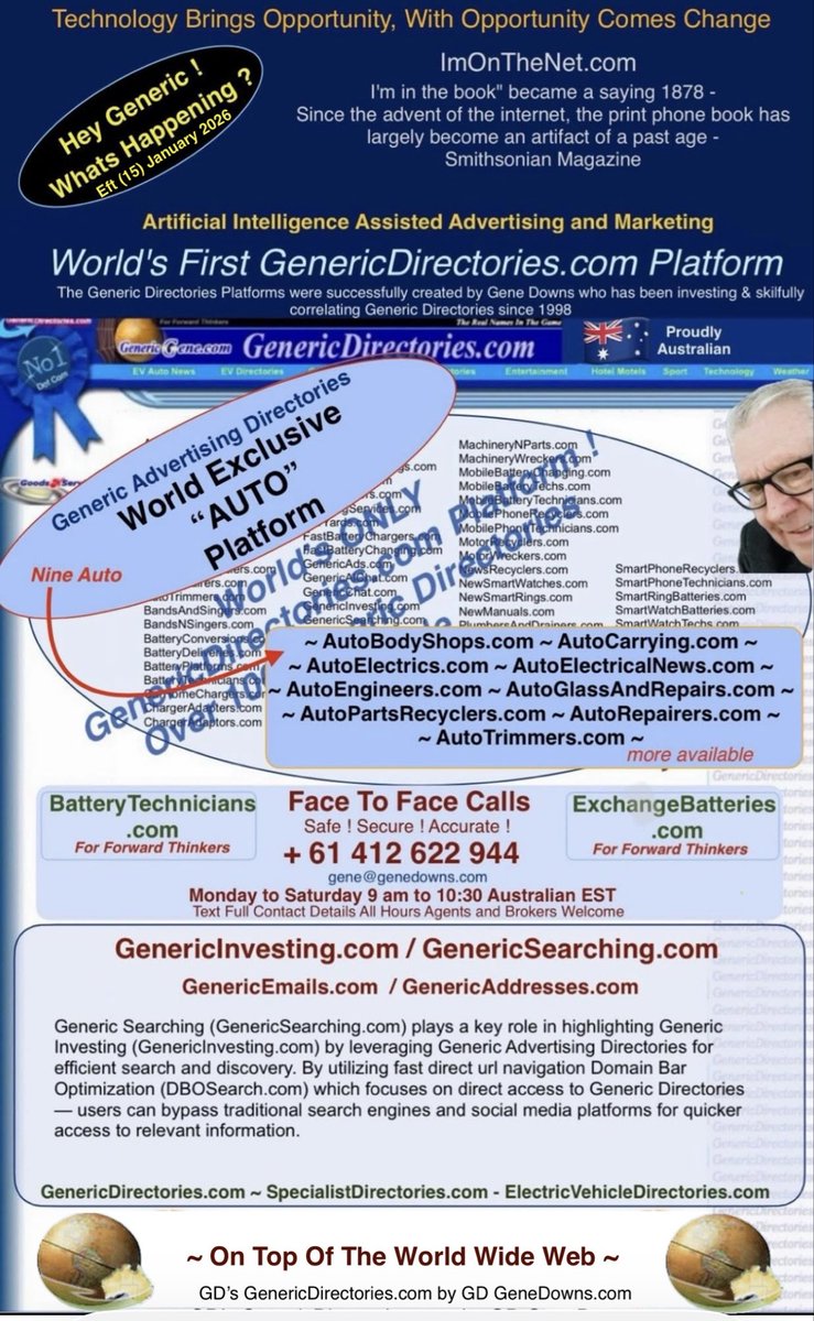 GenericDirecto1's tweet image. The Generic Directories Platforms were successfully created by Gene Downs who has been investing &amp;amp; skilfully correlating Generic Directories since 1998 &amp;gt; The Future of Al-Powered Generic Directories and EV Directories - Gene Downs The Generic Strategist &amp;gt;