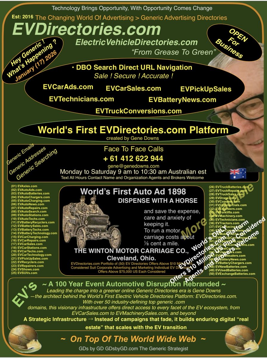 GenericDirecto1's tweet image. The Generic Directories Platforms were successfully created by Gene Downs who has been investing &amp;amp; skilfully correlating Generic Directories since 1998 &amp;gt; The Future of Al-Powered Generic Directories and EV Directories - Gene Downs The Generic Strategist &amp;gt;