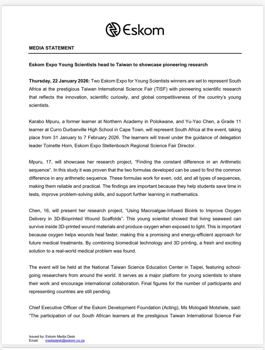 Eskom_SA's tweet photo. #Eskom #MediaStatement

Eskom Expo Young Scientists head to Taiwan to showcase pioneering research https://t.co/Jz2jr0ljdT