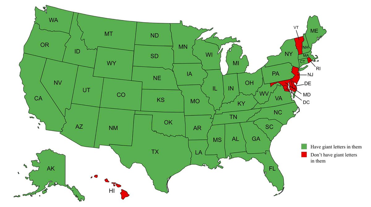Map showing which US states have giant letters in the middle