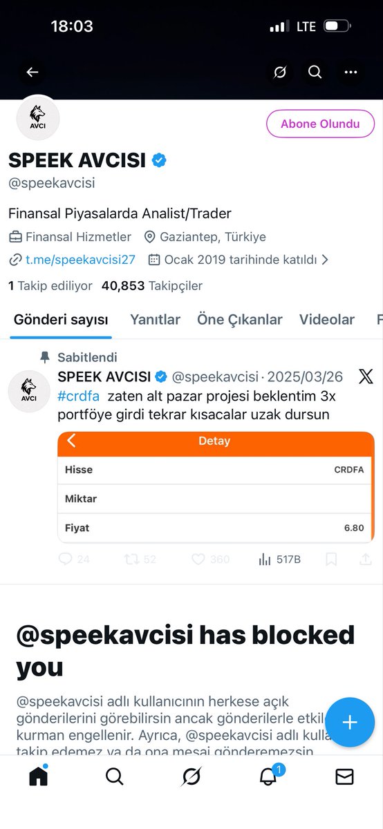Cevat07878's tweet photo. @speekavcisi Doğruları söyleyince hem engelliyorsun hemde bir ay dolmadan Abonelikten çıkarıyorsun neden @speekavcisi
Aldığın para helalmi şimdi
Varsa Hakkım iki cihanda Haram olsun 
#crdfa
#pekgy
#FRML 
#ZGYO
#tukas
#PSGYO
#MARMAR https://t.co/ZcUb78HL6W