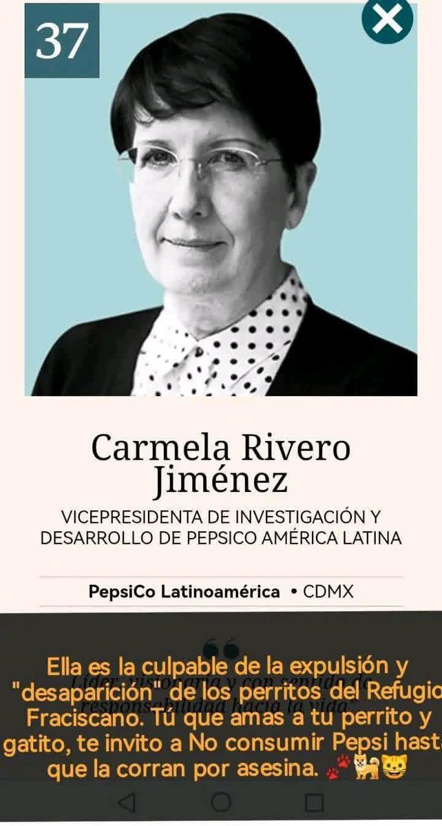 maytec72's tweet image. Carmela Rivero, culpable de la expulsión de los perritos franciscanos. Te invito a no consumir Pepsi hasta lograr que la corran.  #JusticiaParaLosFranciscanitos #JusticiaParaFranciscanitos #RefugioFranciscano
