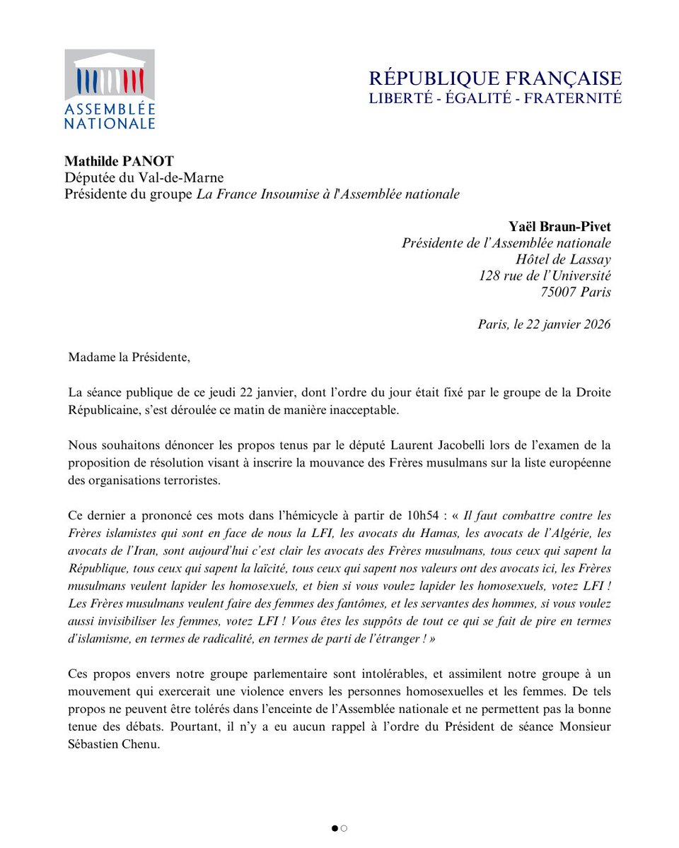 MathildePanot's tweet image. "Si vous voulez lapider des homosexuels, votez LFI" déclare l'infâme Jacobelli.

Ces paroles ignominieuses méritent des sanctions.

Je demande à Yaël Braun Pivet la convocation du Bureau de l'Assemblée nationale.

Nous ne laisserons rien passer.