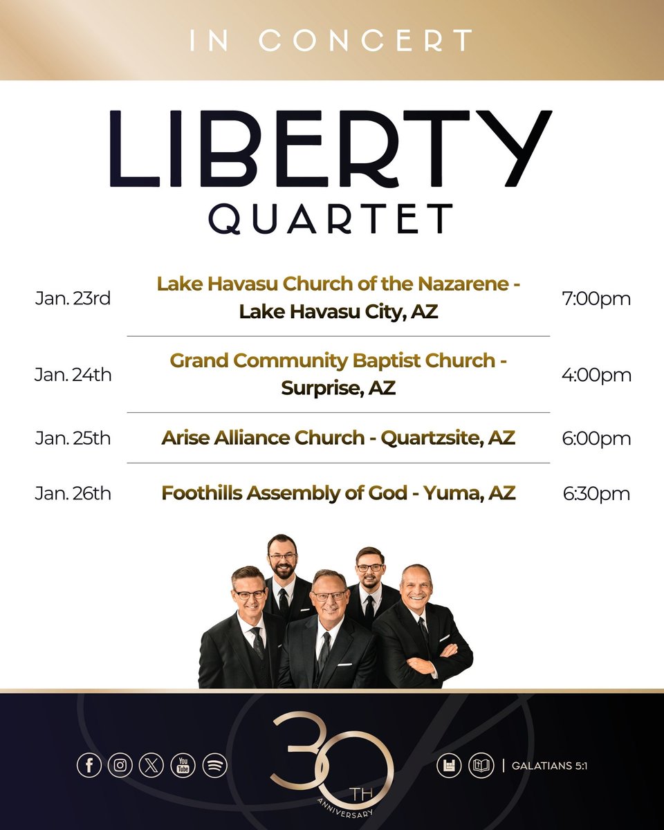 Our 30th Anniversary Tour is continuing through sunny (and WARM) ARIZONA!

Go to libertyquartet.com/tour or download the Bandsintown app to your smartphone for more info! See you soon!

#LQ30thTour