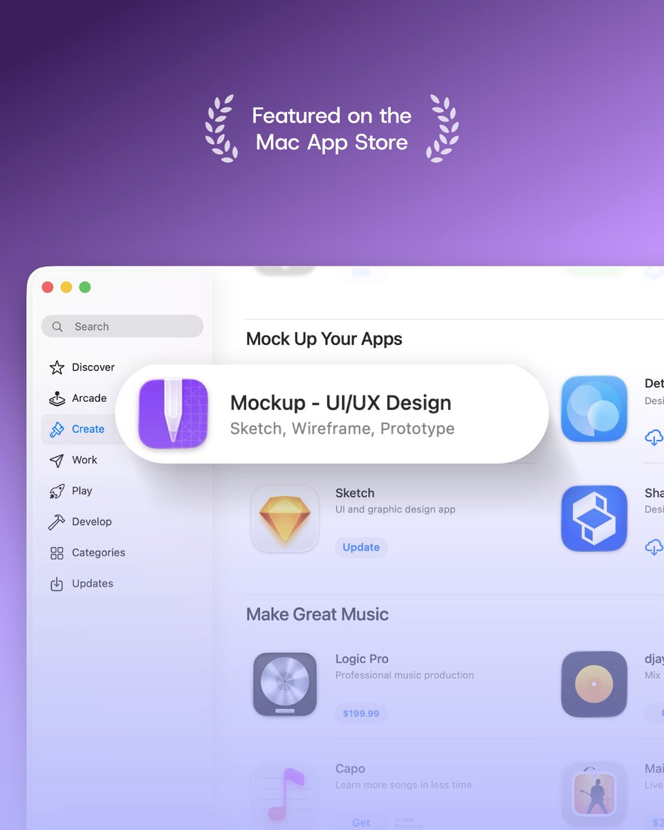 MockupApp's tweet photo. Another milestone to celebrate! 🥳

We’re proud to be featured yet again on the #Mac @AppStore, this time under “Games and Apps We Love Right Now,” “Mock Up Your Apps,” and “Prototype Your Ideas.” 🎉

A big moment for us made possible by you. Thank you for designing with us. 💜 https://t.co/AH94pXcF1L
