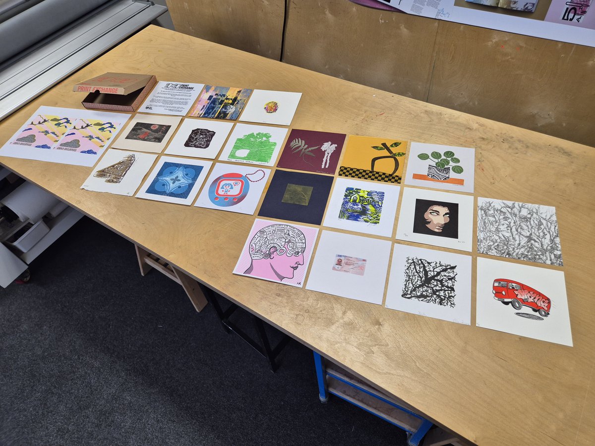 FoAPrintWSA's tweet photo. I've just received my box from 20:20 Print Exchange. What a fantastic selection from international print workshops. I love to contribute to this every year, this time a 6 col Risograph titled 'Riso Heaven' is following a personal series incorporating cloud formations. https://t.co/972WUln4w2