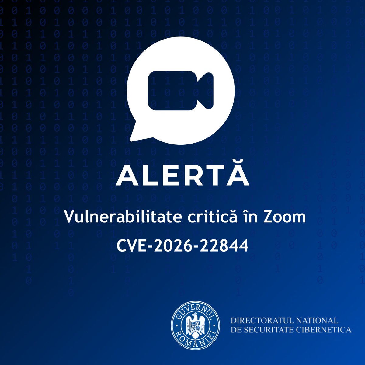 DNSC_RO's tweet photo. 🚨 Alertă: Vulnerabilitate critică în Zoom

🔗 Mai multe detalii, în alerta de pe site-ul DNSC:
👉 https://t.co/HRlj0f4qtR

#DNSC #CyberSecurity #Alert #CVE #Vulnerability https://t.co/mxyYJulP5Q