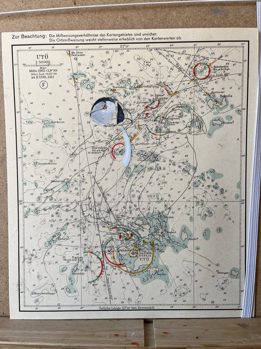 Project: puffins op de uitkijk. 
Afmetingen zeekaart van Utö 23x20. 
Papegaaiduikers op een zeekaart van Utö (Finland).

Eerste update 👩🏻‍🎨