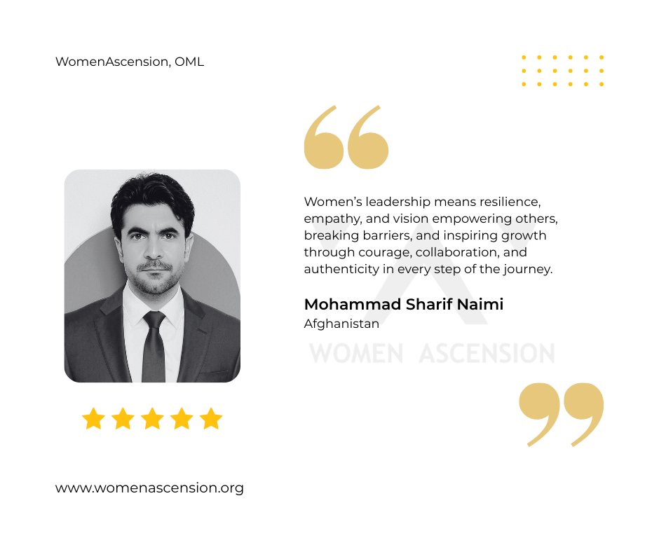 WomenAscension's tweet photo. Empowered & In Power
Mohammad Sharif Naimi - #Afghanistan
Women Ascension: Empowered By In Power
#Women #Empower #InPower #Leadership #WAOML #WomenAscensionLeadership2030 #UnitedForImpact #SDGs #WomenAscension #Global
Designed by: Women Ascension Publishing and Media #WAPM https://t.co/KqHIw4Gvy0