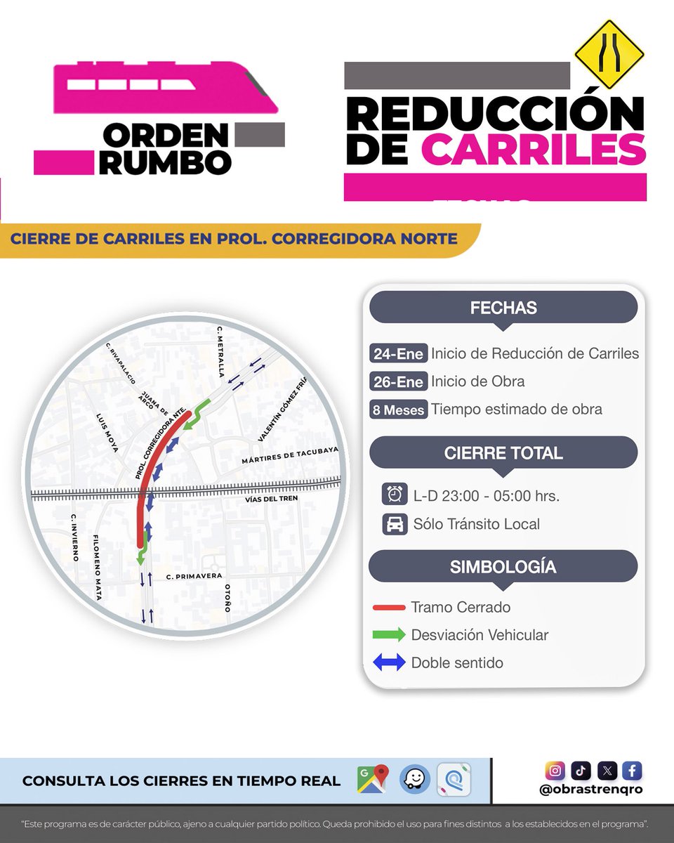 ⚠️A partir del 24 de enero inicia la reducción de carriles y el 26 de enero comienzan las obras.

Habrá cierres TOTALES nocturnos de 11:00 p.m. a 5:00 a.m.

En la imagen puedes identificar los tramos cerrados, las desviaciones vehiculares y las vialidades en doble sentido.