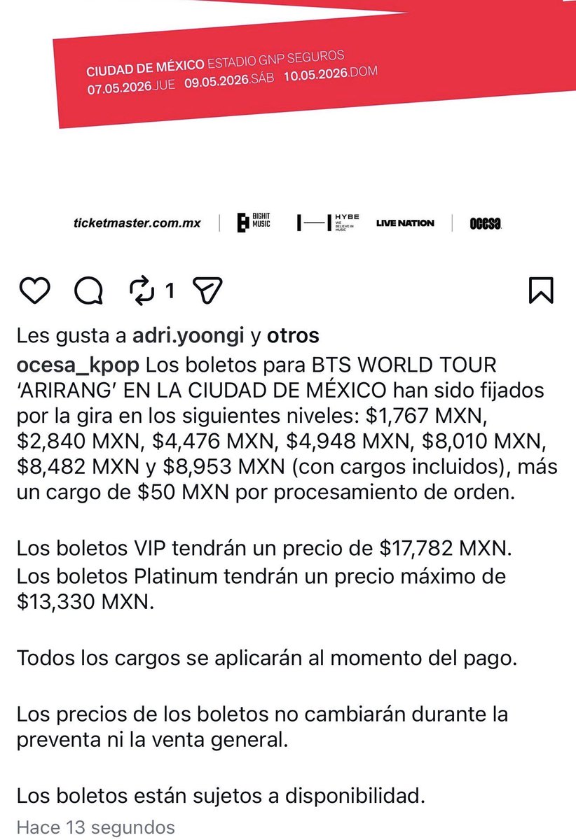 acattingale's tweet photo. @ivan_escalante Solicitando de nuevo su intervención, @ocesa_kpop subió información de unos precios e inmediatamente eliminó las publicaciones. Si aumentan los precios va a haber un grave problema y vamos a denunciarlos. 
#ARMYQuiereClaridad 
#ArmyQuierePreciosJustos
#OcesaAnunciaPreciosBTS https://t.co/fLUFyOb4P0