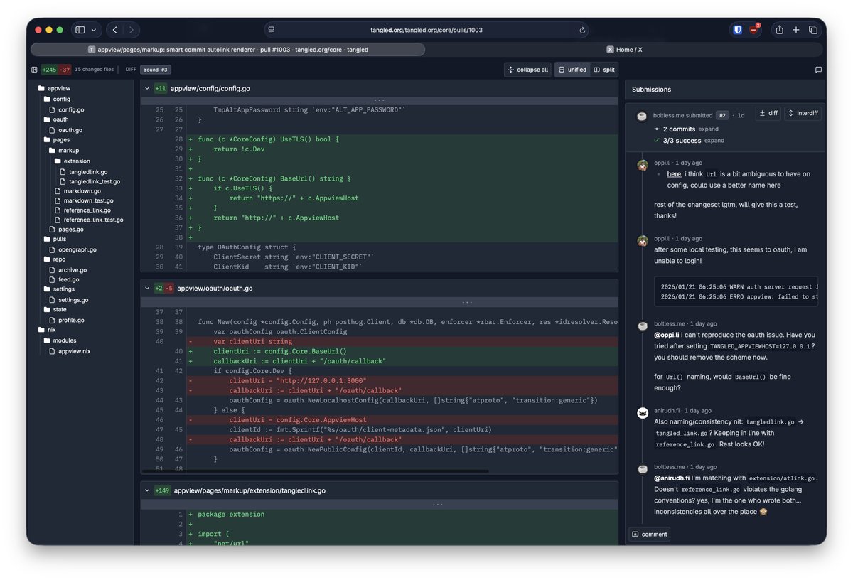 we just overhauled the PR review flow in tangled! this is now orders of magnitude better than *ahem* other platforms. i can't stress how nice it is to be able to look at the patch while authoring your review.