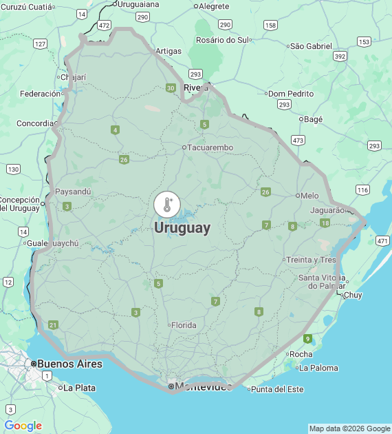 AVISO OLA DE CALOR (INUMET). Comienza DOM25. Masa de aire cálida afectará el País con temp. extremas: Zona Sur: Tmax 33/35°C. Zona Norte: Tmax > a 35°C. Tmín iguales o superiores a 22ºC en todo el país. Costa atlántica por efecto de brisa no alcanzará las temperaturas extremas.