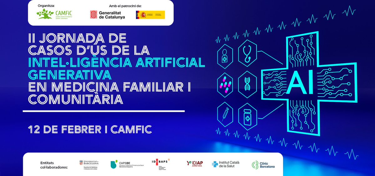 CAMFiC's tweet photo. Torna la II Jornada de casos d’ús en intel·ligència artificial generativa en Medicina Familiar i Comunitària

🩺​Una sessió dissenyada per descobrir aplicacions concretes, experiències reals i debatre sobre l’impacte que té.
👉​Si vols saber què s’està fent i què cal millorar, vine el 12 de febrer a la CAMFiC. 

Consulta el programa i inscriu-te! @DigitalCAMFiC 
​https://t.co/Dfgn9efZ1d