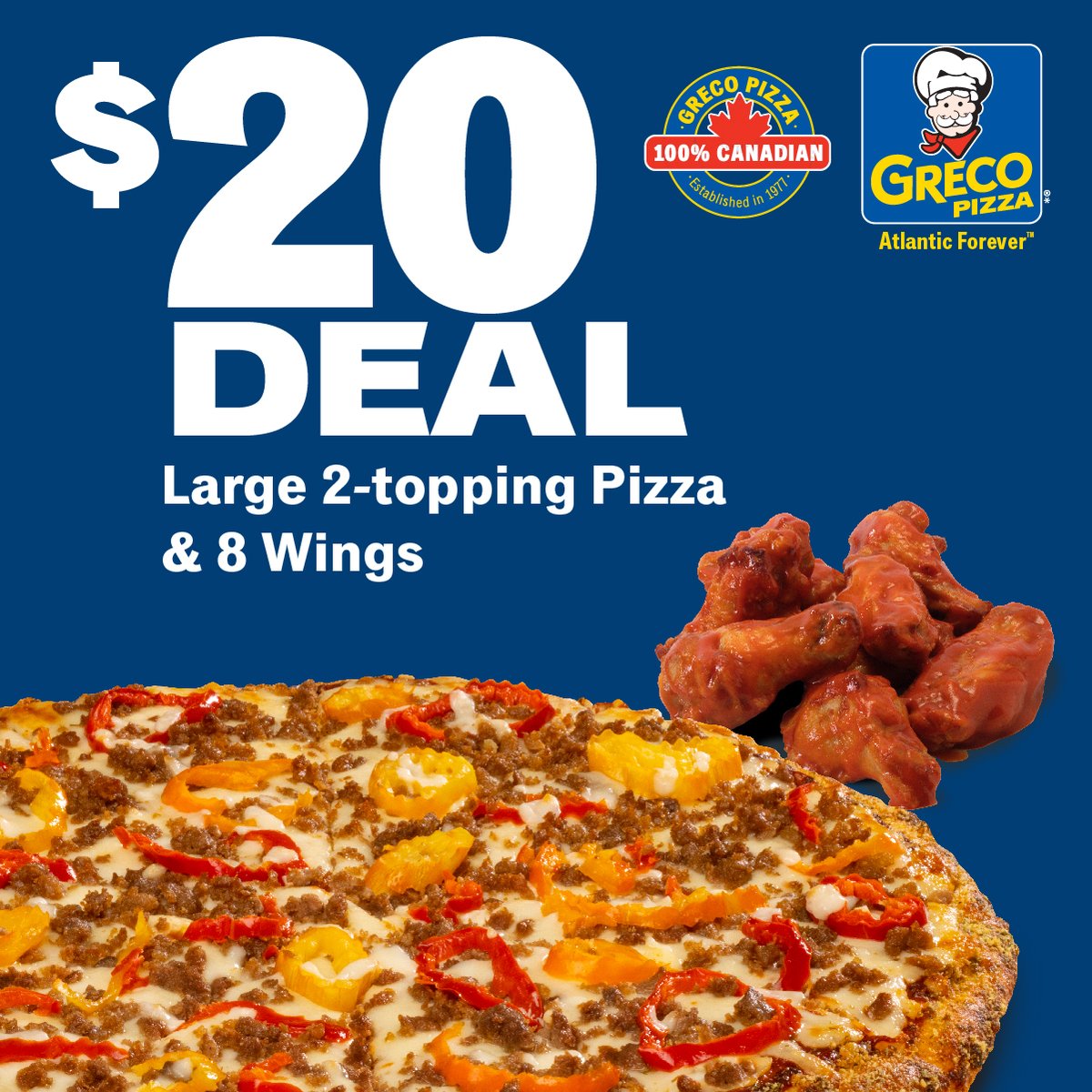🍕Big bites. Bigger savings! 💥

Get a Large 2-Topping Pizza &amp; Wings for just $20 at Greco. Perfect combo for any mood 😄

Order online or call 310.30.30 today and enjoy!