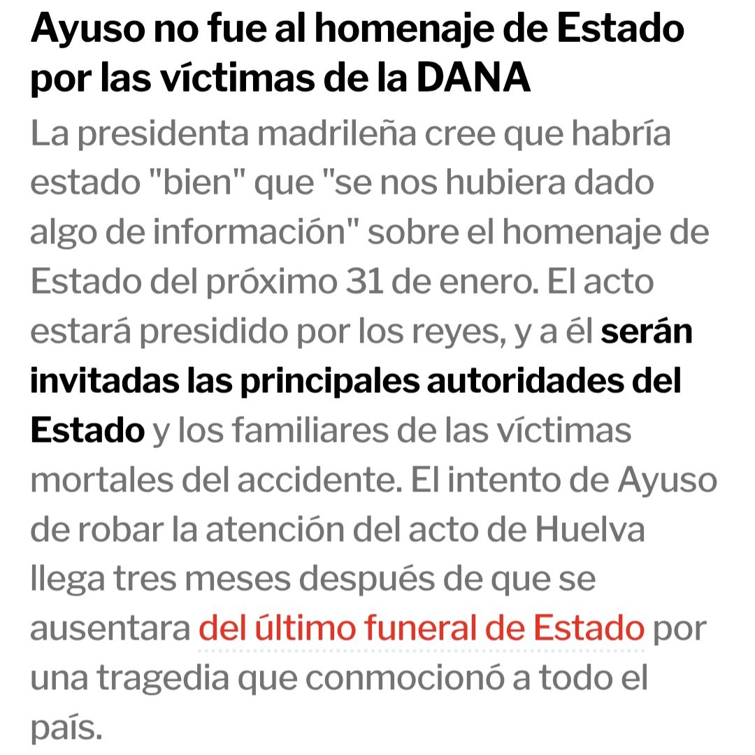 Ayuso quiere celebrar un funeral de Estado en Madrid.

¿Para lucirse?

Las víctimas de la Dana le recuerdan que ella no fue al último funeral de Estado.