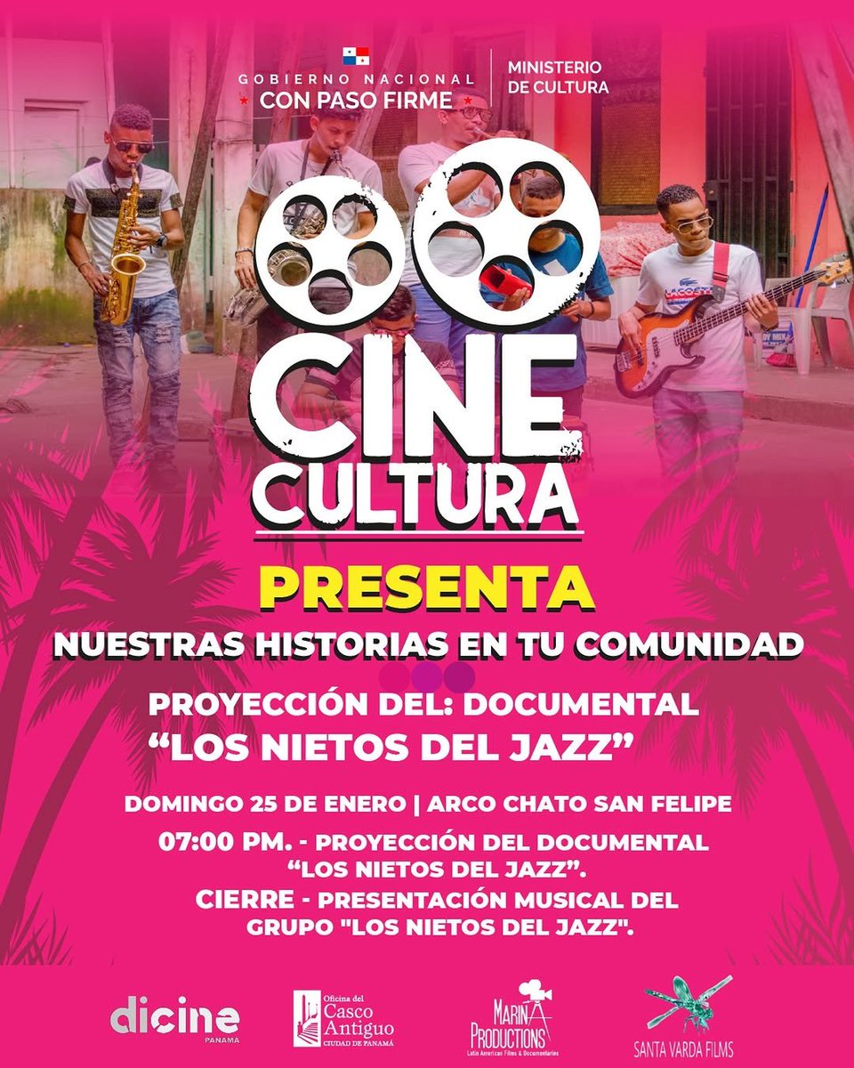 #ArteCultura
<a href="/MiCulturaPma/">Ministerio de Cultura</a> invita a una noche de cine y música con la proyección del documental “Los Nietos del Jazz” (2019), seguido de un concierto del mismo grupo.

Domingo 25  en el Arco Chato, Casco Antiguo. Entrada gratuita a las 7PM.

#Panamá #CinePanameño